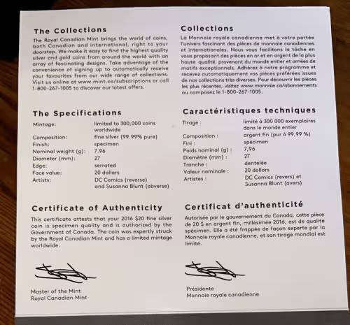 999 SILVER- United States - 2016 Silver 20 Dollar Coin- BATMAN