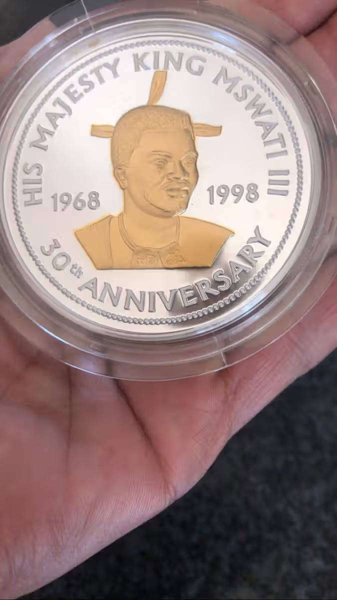 BIG!!! 5 Oz 999 SILVER COIN. LEGAL TENDER. 30TH ANNIVERSARY OF SWAZILAND