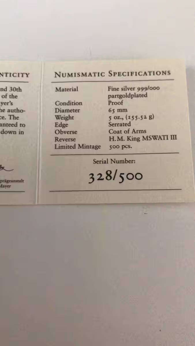 BIG!!! 5 Oz 999 SILVER COIN. LEGAL TENDER. 30TH ANNIVERSARY OF SWAZILAND