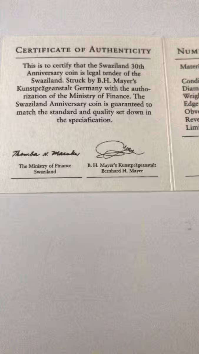 BIG!!! 5 Oz 999 SILVER COIN. LEGAL TENDER. 30TH ANNIVERSARY OF SWAZILAND