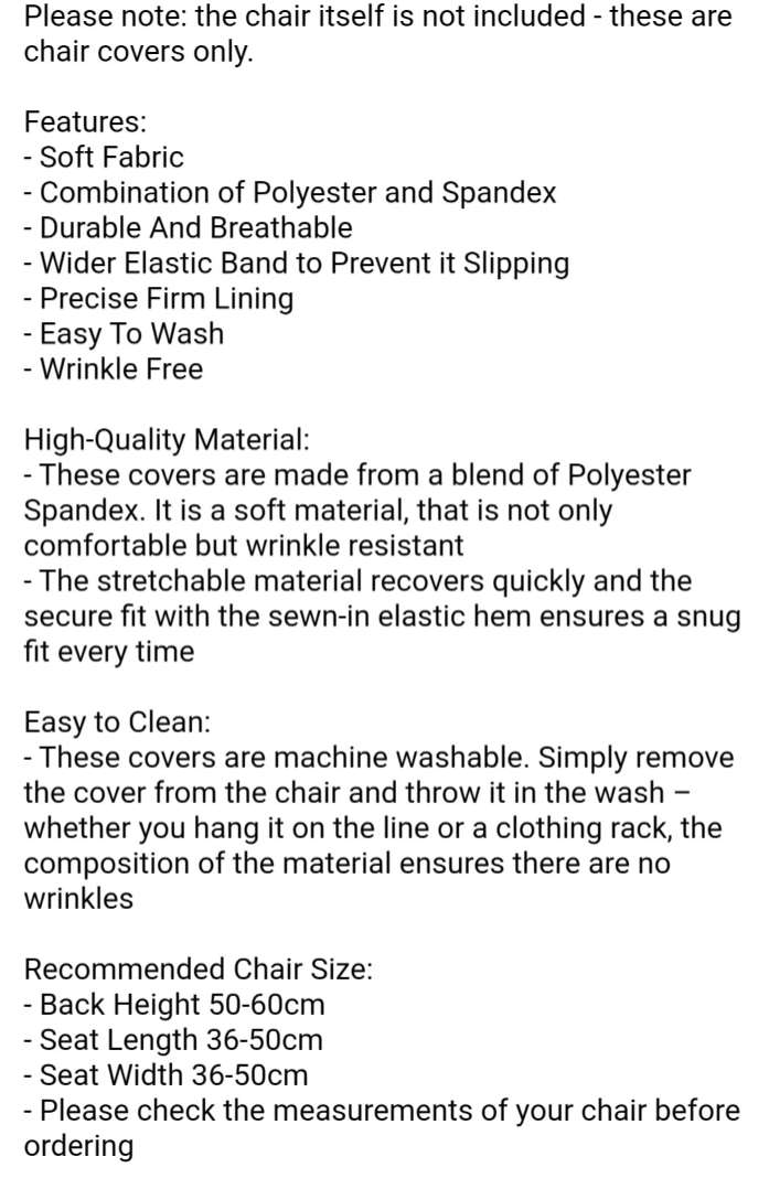 Elastic Chair Covers (Set Of 6) Made for high back dining chairs, Colour- Cream