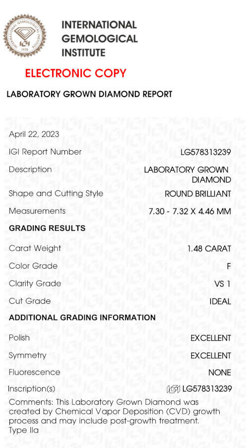 Lab Grown Diamond - 1.48 Carat F VS1 Round - Excellent Cut
