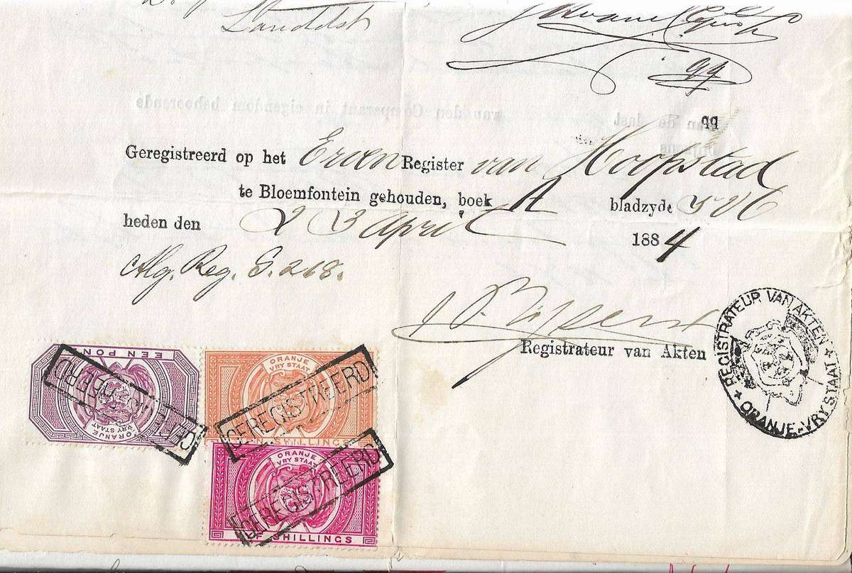 Orange Free State revenue document cancelled GEREGISTREERD 23 April 1884.