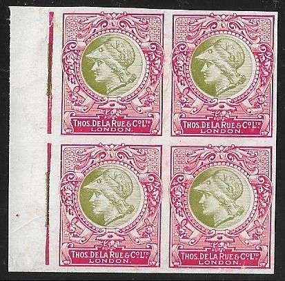 De La Rue Essays Minerva head usual archival creasing imperforated block of (x4)