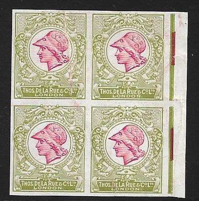 De La Rue Essays Minerva head (green shade) usual archival creasing imperforated block of (x4)