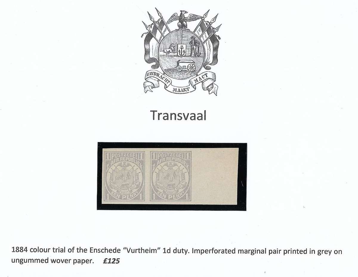 Transvaal 1884 colour trial Enschede ` Vurtheim` 1d duty imperforated pair (grey).