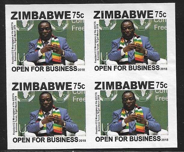 Zimbabwe 2018 Open for Business 75c imperforated block of (x4).
