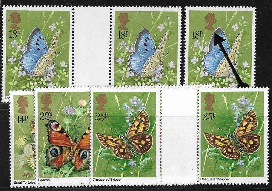 Great Britain variety shifted Queens Head, plus normal stamps in gutter pairs.