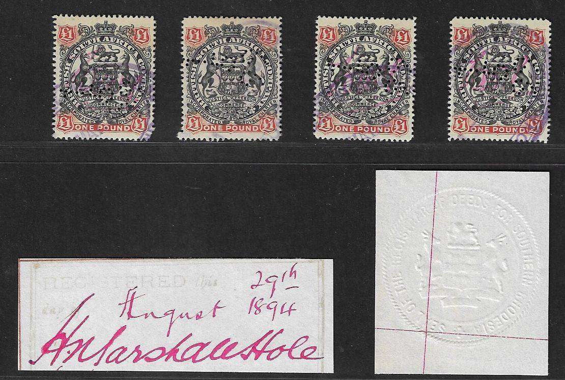 British South Africa one pounds arms used revenue including original Marshall Hole signature