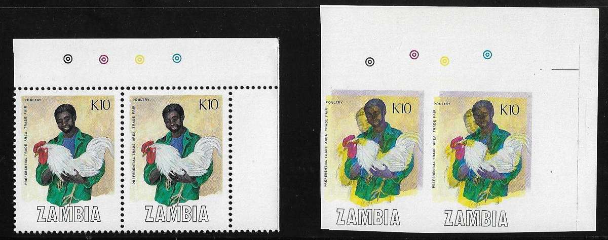 Zambia K10 colour shift imperforated pair plus normal.