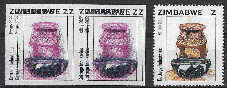 Zimbabwe variety imperforated pair double print 2x colours, plus normal for comparison.