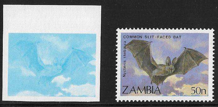 Zambia variety 50n imperforated proof plus normal stamp.