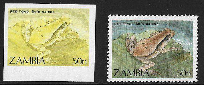 Zambia variety 50n imperforated proof plus normal stamp.