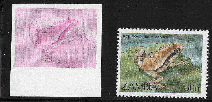Zambia variety 50n imperforated proof plus normal stamp.
