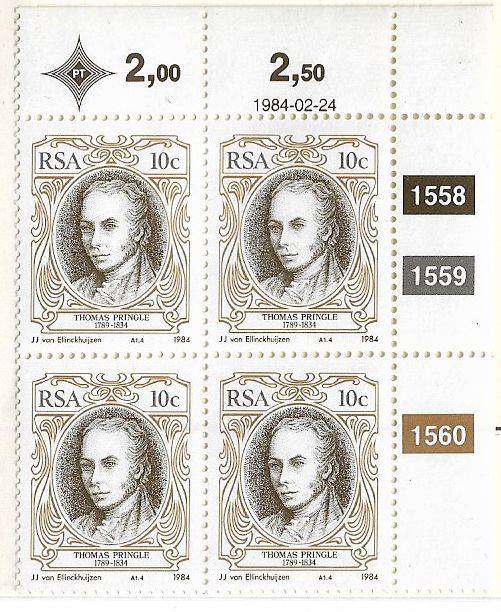 South Africa variety imperforated block of (x25) showing frame portion of 1984 issue 10c value.