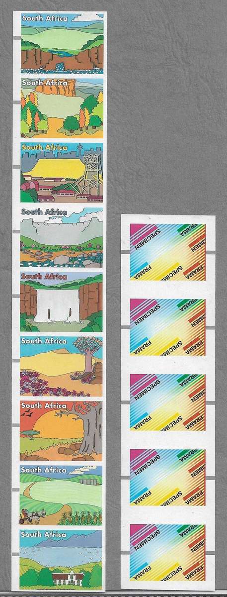 South Africa Frama stamps imperforated no value (x9) and SPECIMEN (x5).