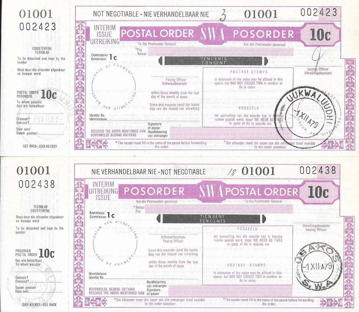 South West Africa 10c postal orders (x2) 1979.