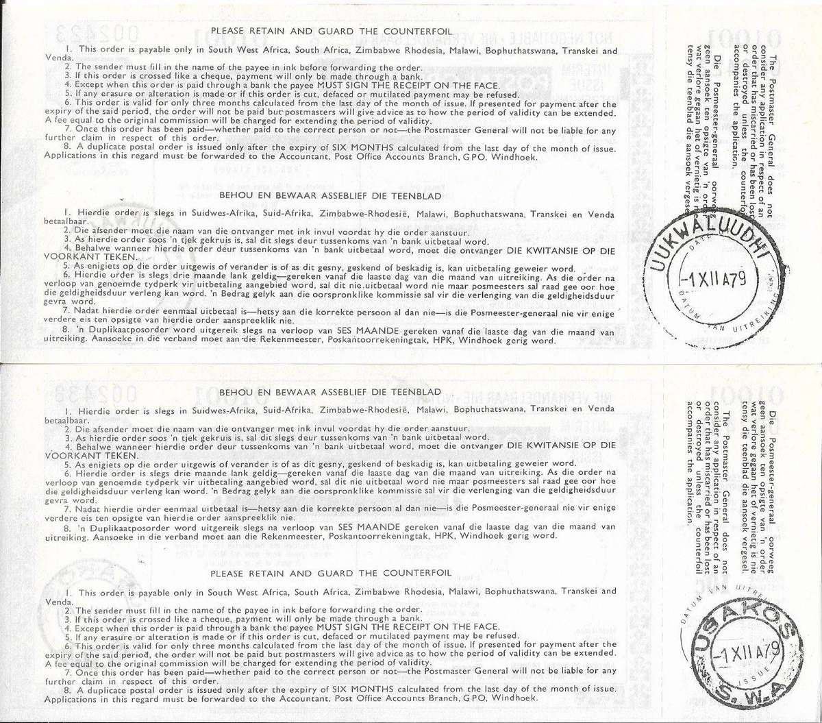 South West Africa 10c postal orders (x2) 1979.