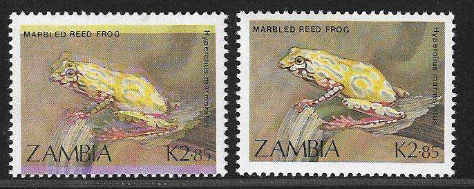 Zambia variety colour shift K2.85 value with normal stamp for comparison.