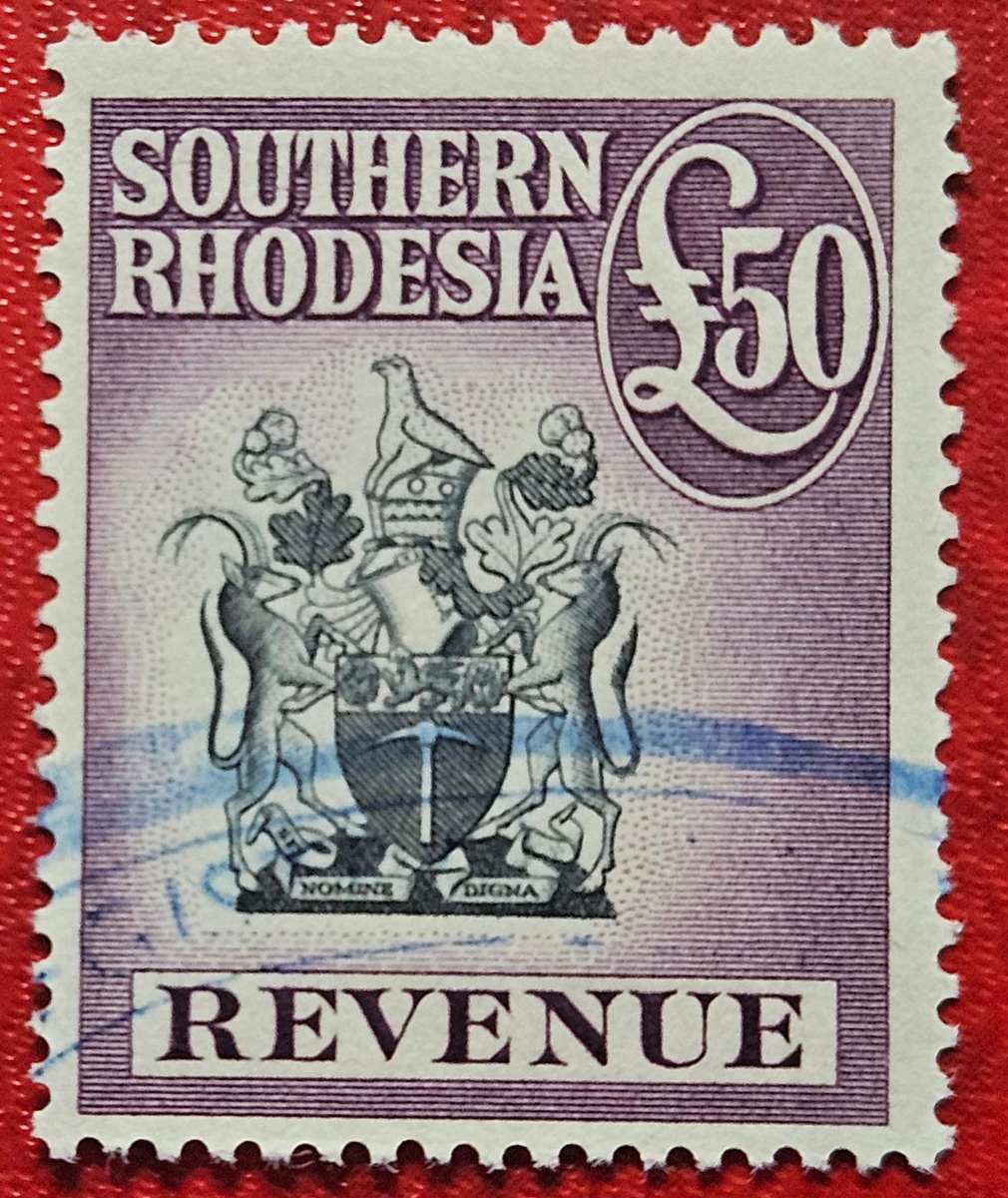Southern Rhodesia 50 pound arms revenue fine used.