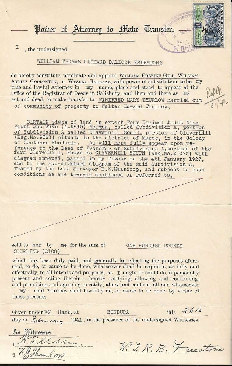 Southern Rhodesia revenue document 1s duty.