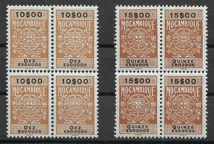 Mozambique mint revenue (x2) blocks of (x4) 10$00 and 15$00.