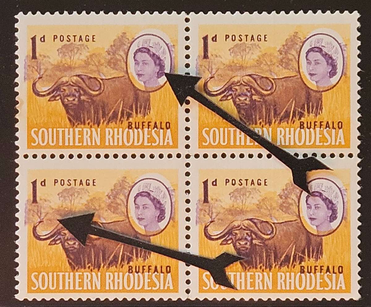 Southern Rhodesia 1d mint Queen Elizabeth block of (x4), large shift of purple.