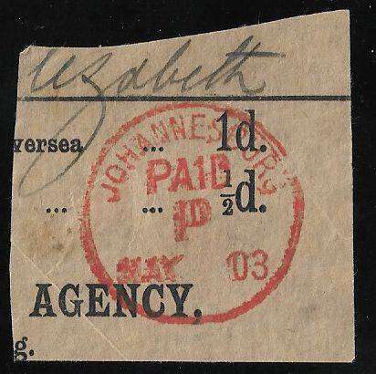 Transvaal 1d Paid postmark 1903 on piece.
