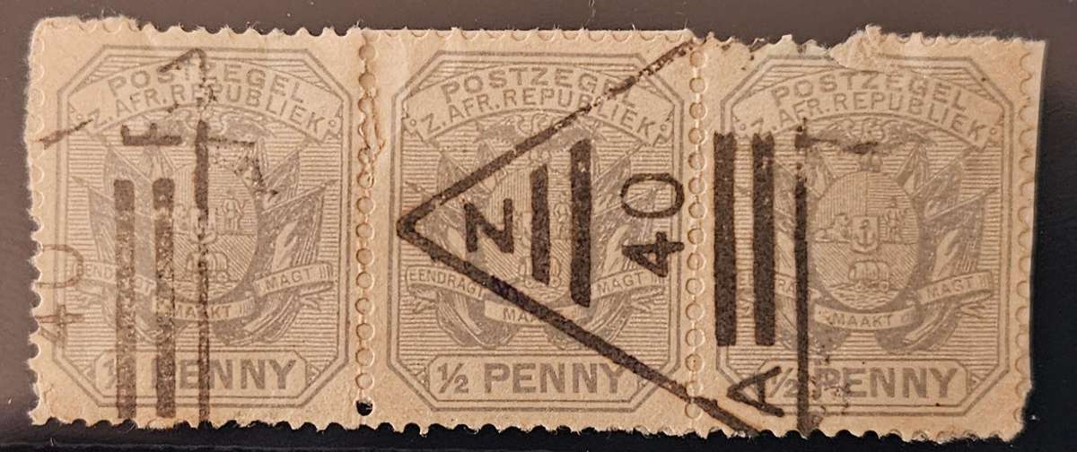 Transvaal postmark (x3) ½d stamps odd faults but large part triangular ZAR 40 [Groot Suikerboshkop]