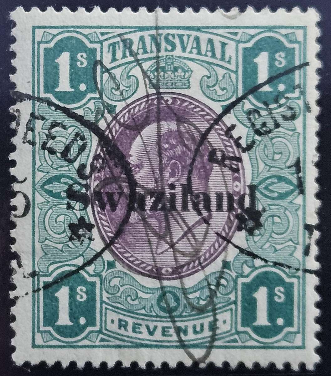 Transvaal Edward vii 1s revenue stamp overprinted Swaziland, fine used listed as Barefoot 29. (HA51)