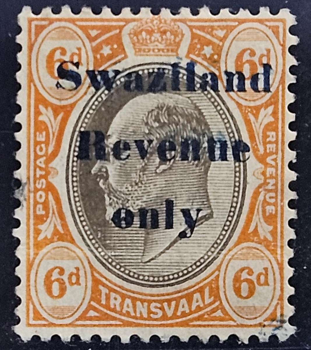 Transvaal Edward vii 6d postal stamp overprinted SWAZILAND REVENUE ONLY, mint no gum, Barefoot 39.