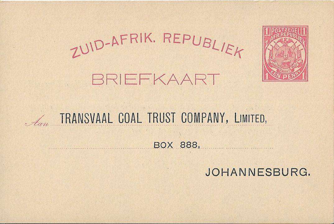 Transvaal 1d stationery card unused (1890s) printed for The Transvaal Coal trust Company Limited