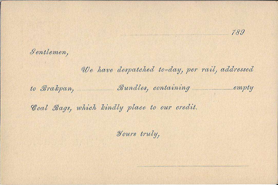 Transvaal 1d stationery card unused (1890s) printed for The Transvaal Coal trust Company Limited