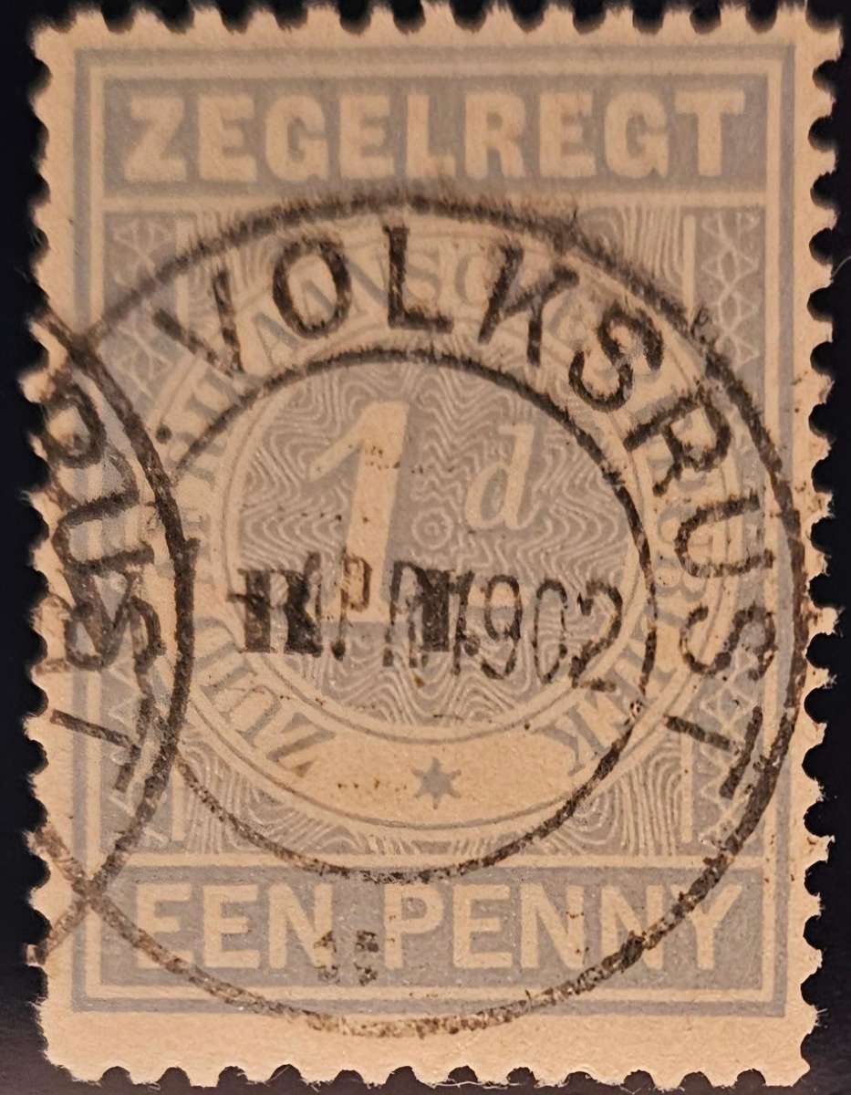 Transvaal 1d revenue cancelled Volksrust April 1902. (HA72)