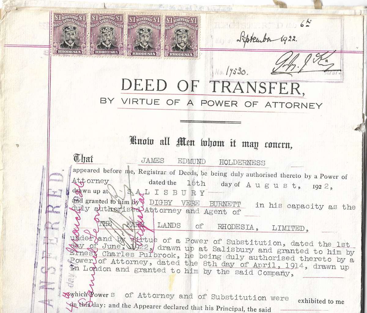 British South Africa Company 1922 Deed of Transfer of note (x4) £1 Admiral issues perfined (6..9.22)
