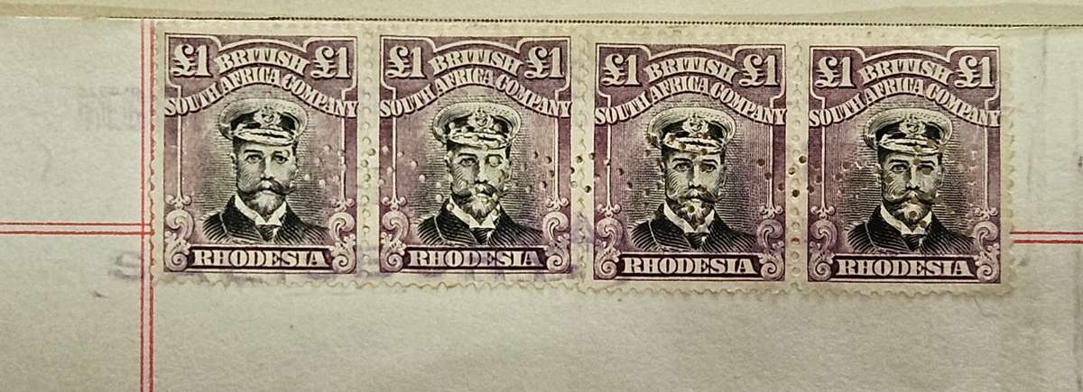 British South Africa Company 1922 Deed of Transfer of note (x4) £1 Admiral issues perfined (6..9.22)