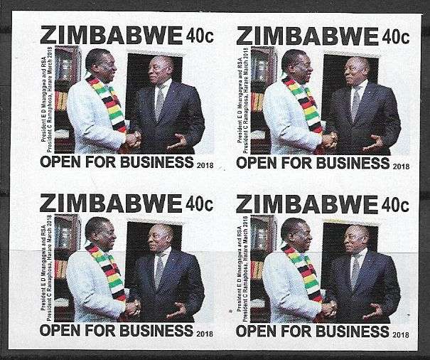 Zimbabwe variety 40c value imperforated block of (x4).