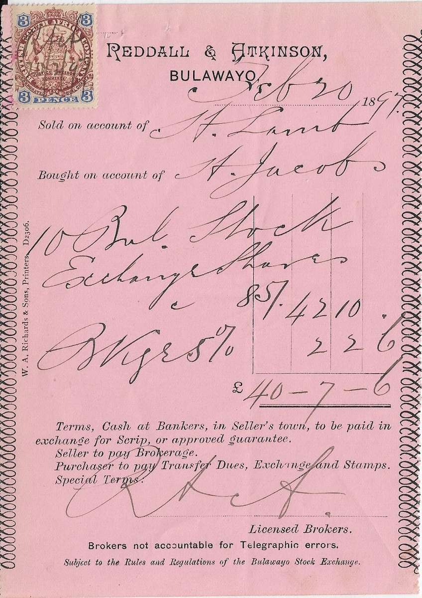 British South Africa Company brokers note dated 20 February 1897, 3d rate.
