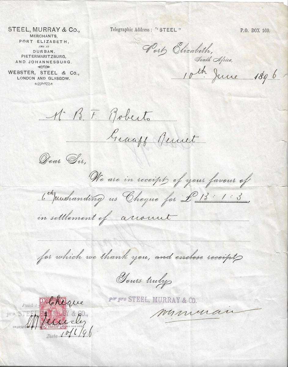 Cape of Good Hope receipt issued 10th June 1896 by Steel and Murray and Co Port Elizabeth.