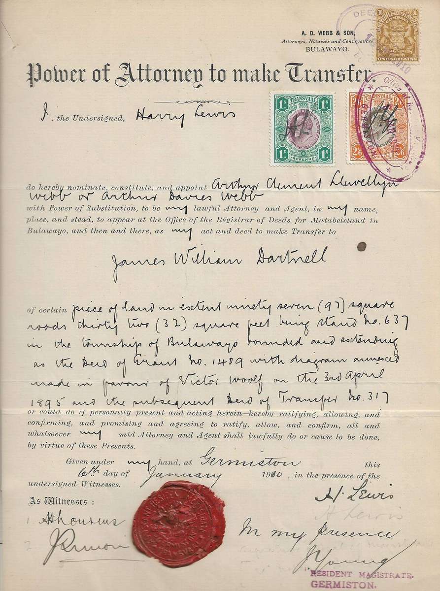 Transvaal and British South Africa Company Power of Attorney  6 January 1910. Transvaal duty 3s6d