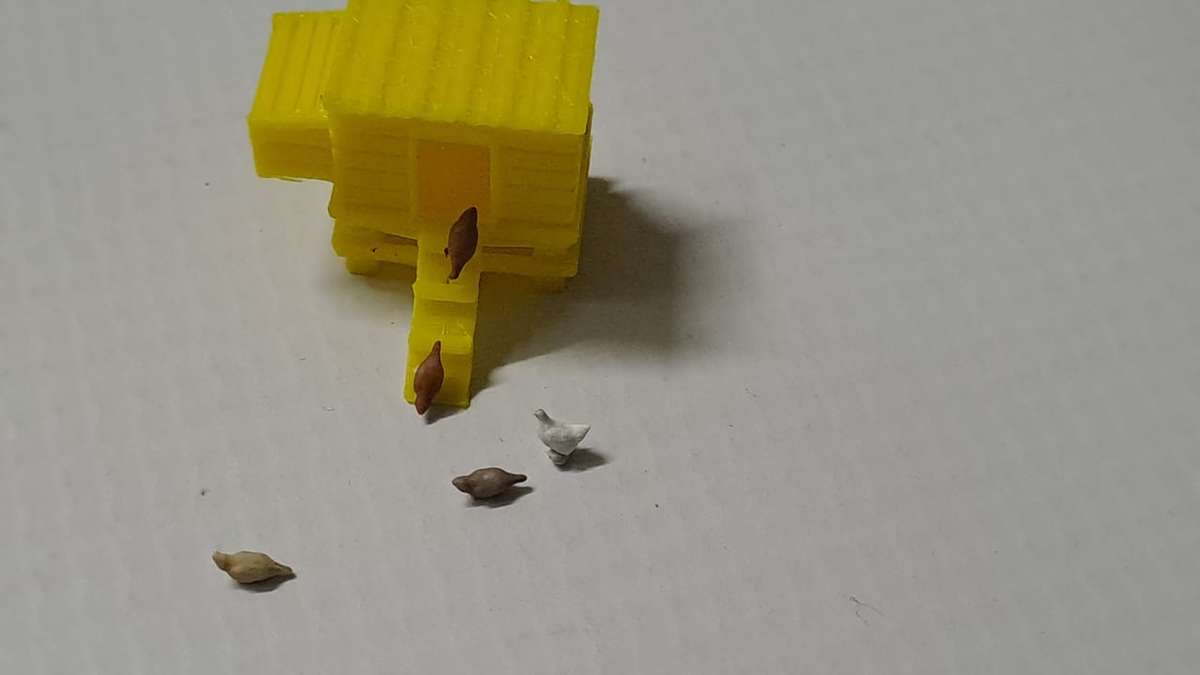 Model Trains 1:87 HO - Chicken Coop + 5 Chickens. - 24mm x 24mm x 17mm