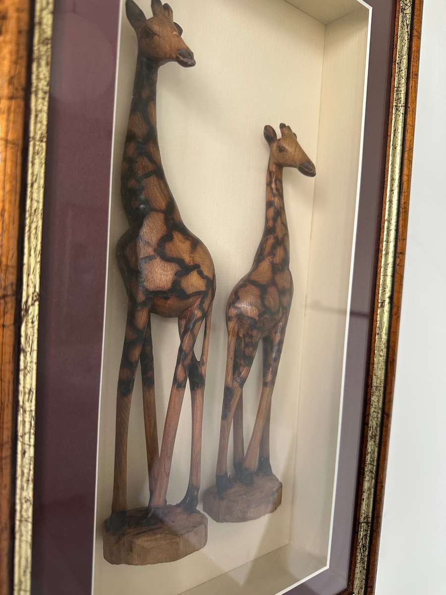Framed Wooden Giraffe Figurines set in a Recessed Frame, Size 31cm x 52.5cm (Depth 8cm)