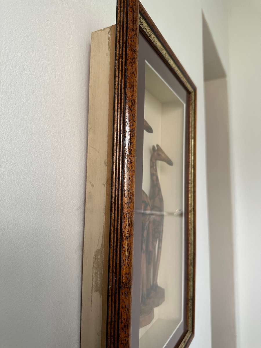 Framed Wooden Giraffe Figurines set in a Recessed Frame, Size 31cm x 52.5cm (Depth 8cm)