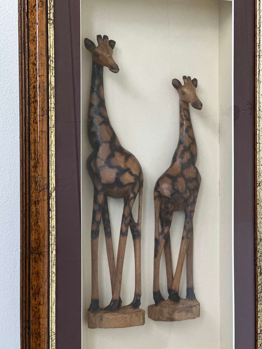 Framed Wooden Giraffe Figurines set in a Recessed Frame, Size 31cm x 52.5cm (Depth 8cm)
