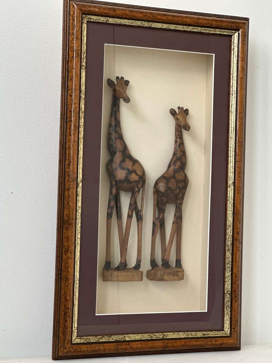 Framed Wooden Giraffe Figurines set in a Recessed Frame, Size 31cm x 52.5cm (Depth 8cm)
