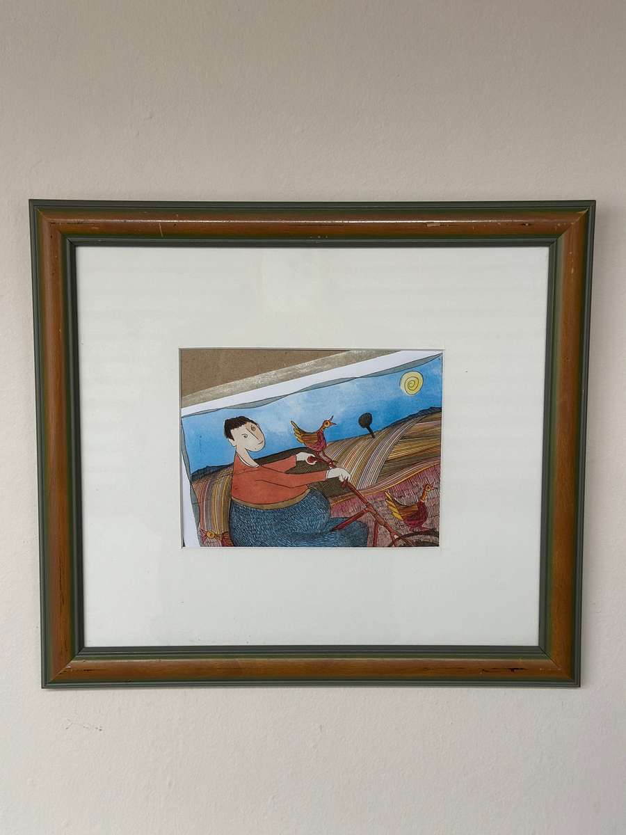 Framed Pieter van der Westhuizen Print, Woman on a Bicycle - Finished Size 37cm x 33cm