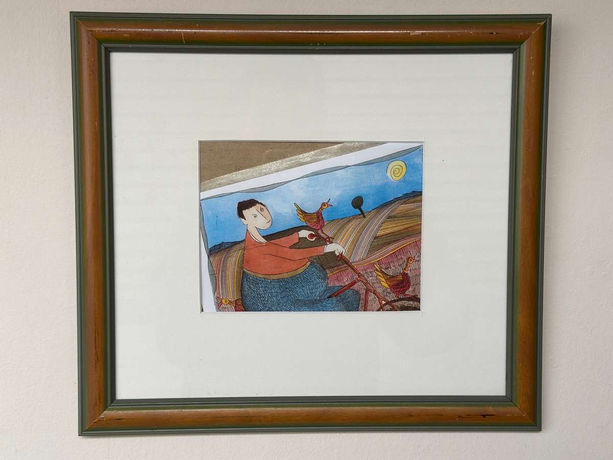 Framed Pieter van der Westhuizen Print, Woman on a Bicycle - Finished Size 37cm x 33cm