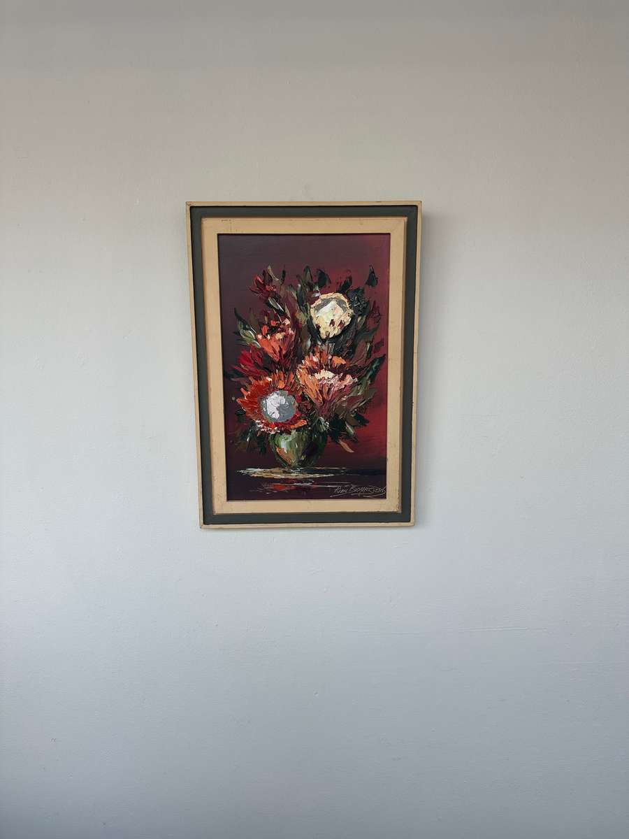 Original Vintage Framed Artwork - Ryan Blommestein, Floral, Finished Size 33cm x 47.5cm