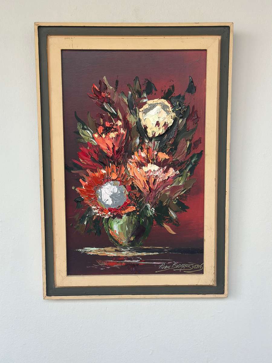 Original Vintage Framed Artwork - Ryan Blommestein, Floral, Finished Size 33cm x 47.5cm