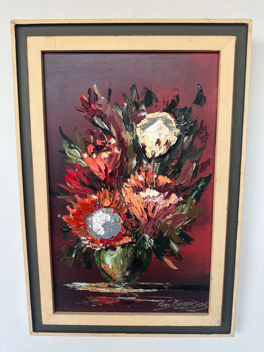 Original Vintage Framed Artwork - Ryan Blommestein, Floral, Finished Size 33cm x 47.5cm